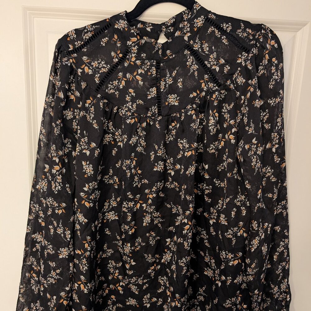 Ann Taylor Black Floral High Neck Blouse Size L, lightly worn
